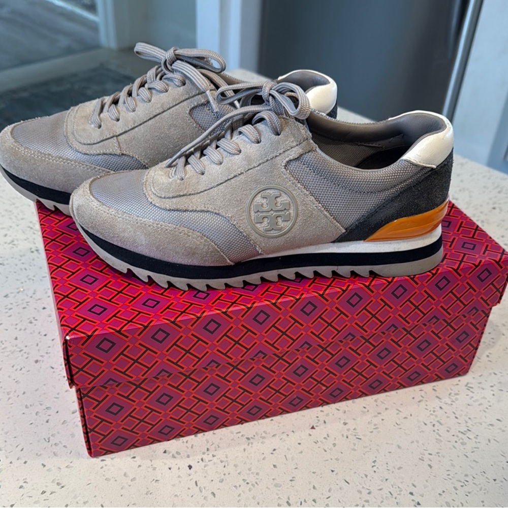 Tory Burch Gray and Orange Sneakers with Sporty Silhouette